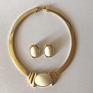 Vintage Trifari gold tone and enamel necklace and clip on earring set 1970s